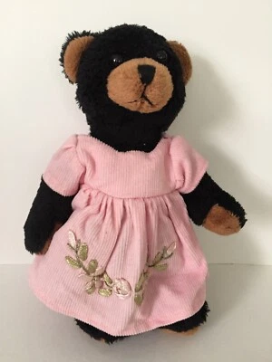 Unipak Designs 6" Girl Bear Black & Brown with Pink Corduroy Embroidered Dress - Image 1 of 3