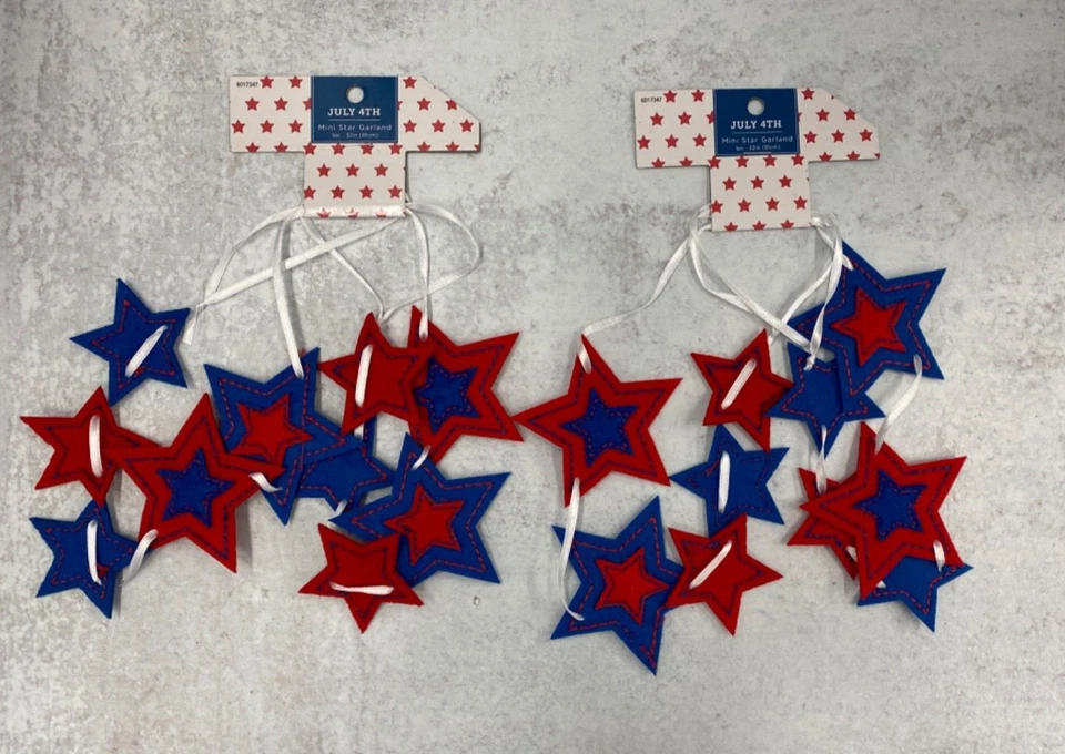 Lote de 2 mini guirlanda de feltro vermelha + azul estrelas na fita branca decoração de 4 de julho - Imagem 1 de 1