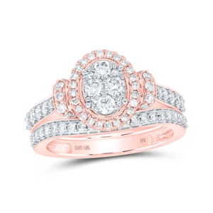 10kt Rose Gold Round Diamond Oval Cluster Bridal Wedding Ring Band Set 1 Cttw - Picture 1 of 1