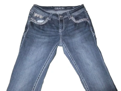 Pantalones de mezclilla para mujer GRACE IN LA 30x29 azules ajustados tiro bajo bordado estrás Foto 1 de 4