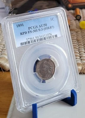 1891 PCGS AU50 FS-301 S-3 RPD Repunched Date Indian Cent - Image 1 of 2