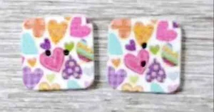 square wood buttons crafts sewing 2 holes colored hearts 1/2 inch set - Picture 1 of 2