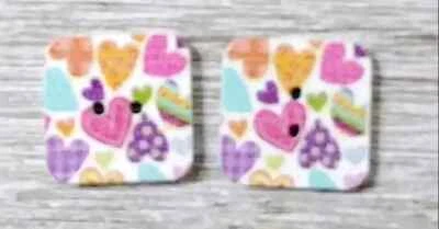 square wood buttons sewing 2 holes colored hearts 1/2 inch USA 2pc new - Image 1 of 2