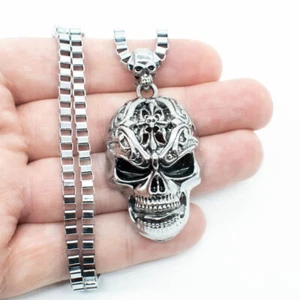 Mens Large 2" Sugar Skull Metal Pendant Necklace 22" Box Chain Biker Punk - Picture 1 of 8