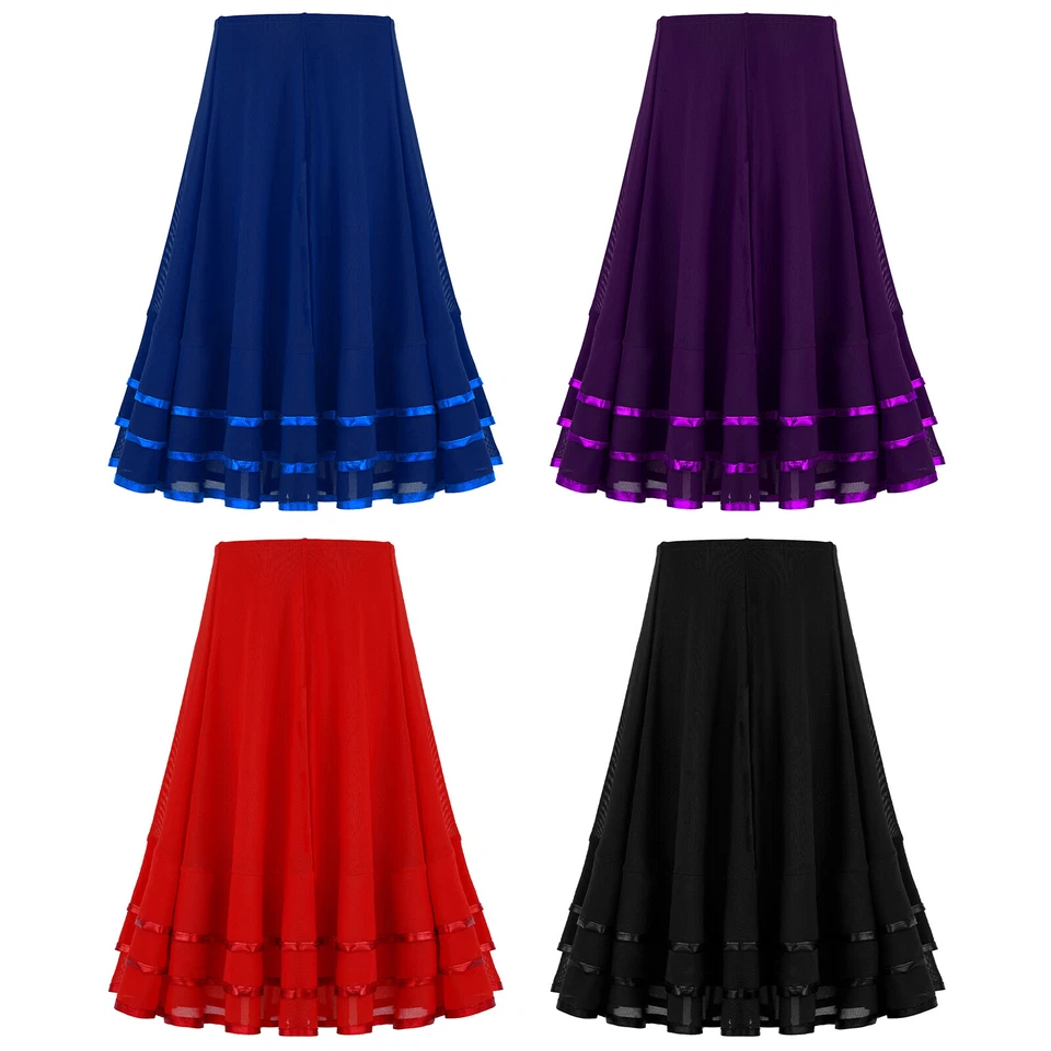 Girl's Ruffle Hem Mesh Skirts Jazz Latin Belly Dance Performance Midi Long Skirt - Image 1 of 1