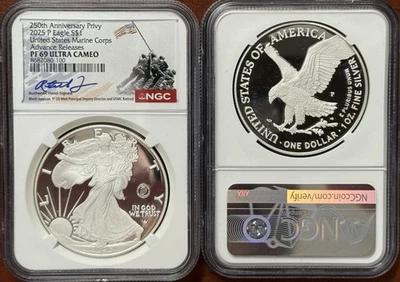 ¡EN STOCK! 2025 P Cuerpo de Marines Prueba Privada Silver Eagle NGC PF69 Lanzamiento Avanzado Foto 1 de 3