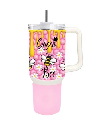 VASO DE ACERO INOXIDABLE Queen Bee 40 oz con tapa y pajita aislada, vaso queen Foto 1 de 4