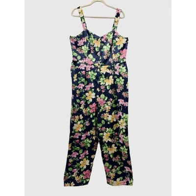 Nuevo con etiquetas Mono Floral Antiguo Azul Marino/LINO Escote Corazón, Pierna Ancha, Cottage XL 14 Foto 1 de 3