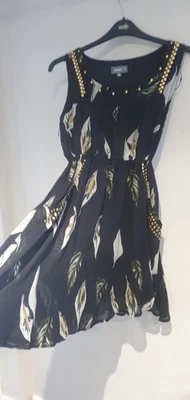 GORGEOUS APRICOT BLACK BEADED EMBELISHED MINI CHIFFON DRESS SIDE POCKETS PARTY M - Image 1 of 4