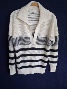 Heartloom Women's Medium Shirt Boho Retro Vneck Sweater Top Cream Navy Blue Sz M - Picture 1 of 5