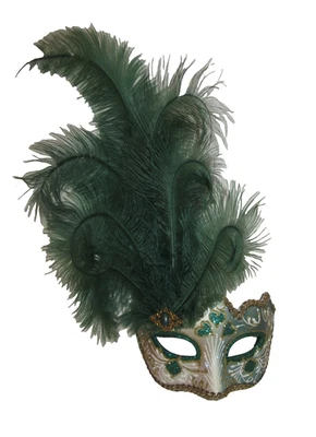 MAR 18 - A QUALITY ITALIAN MASK HANDCRAFTED BY ARTISANS, EMERALD GREEN FEATHERS. - Image 1 of 2