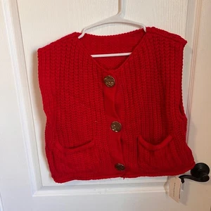 Commense gerippte strukturierte ärmellose Strickjacke Knopfleiste Größe Small rot neu mit Etikett - Bild 1 von 7