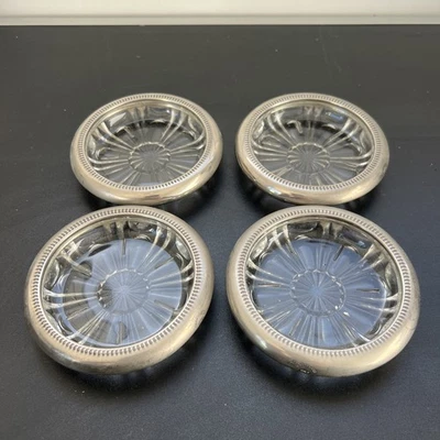 Vintage Italian Glass Starburst Coasters Silver Plate Beaded Rims set 4 Wine - Image 1 of 4