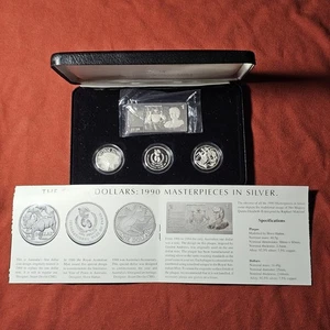 1990 SILVER DOLLARS & PLAQUE - MASTERPIECES IN SILVER SET - Picture 1 of 2