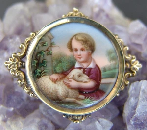 ANTIKE BROSCHE EMAILMALEREI AUF PORELLAN LUPENMALEREI KINDER PORTRAIT - Bild 1 von 2