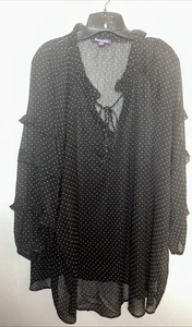 Roamans Tunic Sheer Black Polk-a-Dot W/Ruffle Sleeve Detail, Long Sleeve 28W - Picture 1 of 6