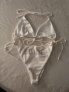 SIX STORIES WEISSER 2-TEILIGER STRING-BIKINI BRAUT GLITZER AKZENT GRÖSSE 10 - Bild 1 von 13