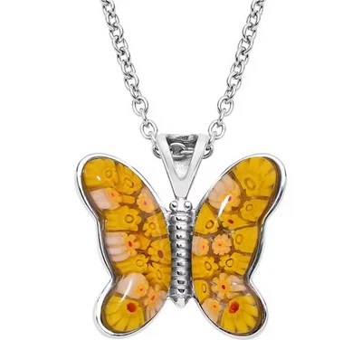 Yellow Murano Floral Butterfly Necklace Luxury Stainless Steel 24in Millefiori  - Image 1 of 4