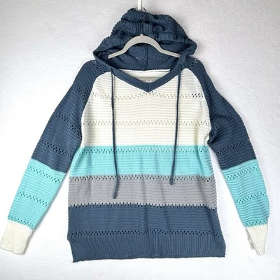 Women's Open-Knit Hoodie Sweater Navy Blue Aqua White Gray Striped XXL - Image 1 of 4