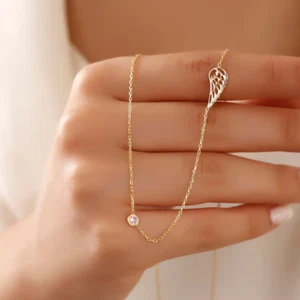 0.25 Ct Real Moissanite Angel Wing Pendant Necklace 14k Yellow Gold Plated - Picture 1 of 6