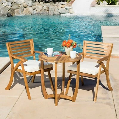 CoastSide Outdoor 3-Piece Teak Finish Acacia Wood Bistro Set with Cream Cushions - Image 1 of 4
