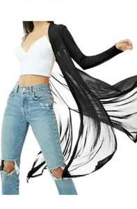 Women's Stylish Sheer Long Sleeve Cardigan Light Beach Cover Up Black XL Duster - Picture 1 of 1