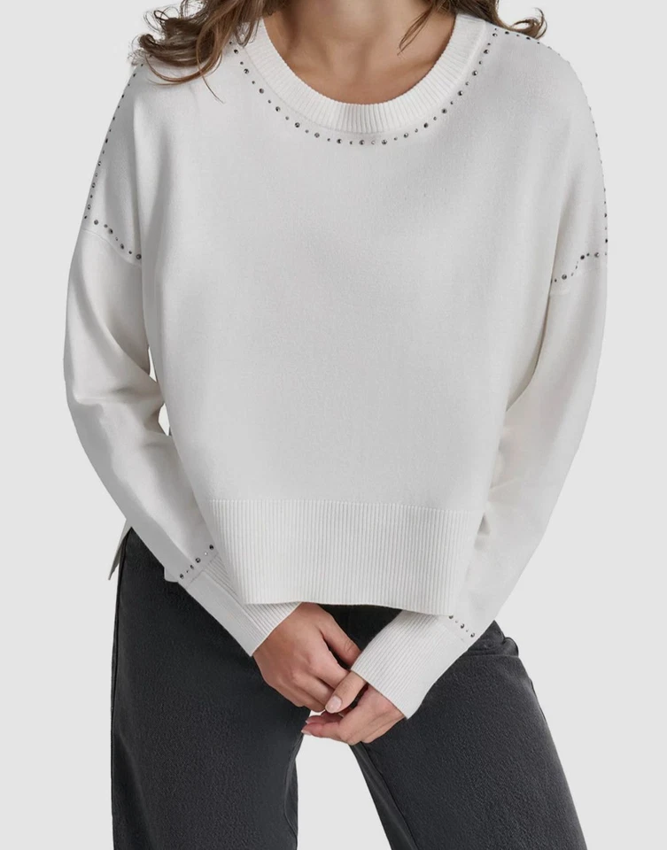 DKNY Women's White Drop-Shoulder Studded Crew-Neck High-Low-Hem Sweater Size L
