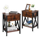 Set of 2 End Tables w/ Storage Shelf Drawer and Metal Frame Bedroom Furniture