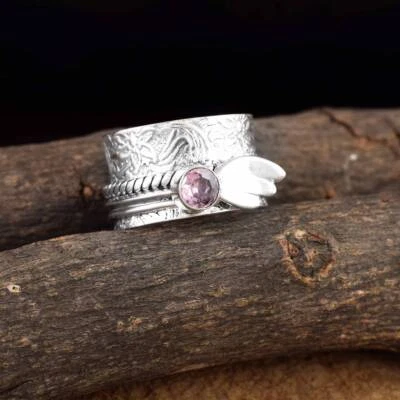 Pink Quartz 925 Silver Handmade Cocktail Spinner Band Ring Jewelry MR#060 - Image 1 of 3