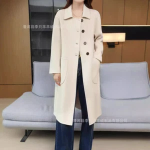 Womens Double Sided 100% Wool Mid Long Coat Overcoat Single Breasted Outwear New - Picture 1 of 29