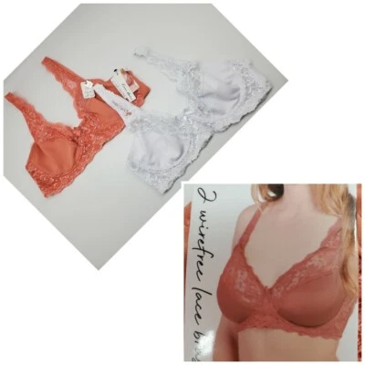 CARRIE AMBER Lace Soft Cup Underwire Bra 2-Pack Peach/White Full Figure 38C 42D - Image 1 of 4