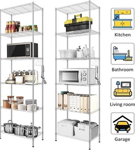 Estantería de pie de 6 plantas estantería metálica estantería de cocina para baño garaje con gancho - Imagen 1 de 49