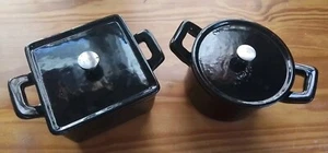Seltene Technik 4 Stück Mini schwarz emailliert Gusseisen Kochtöpfe ohne Karton - Bild 1 von 12