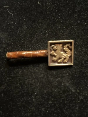 VTG Square Emblem Tie Bar with Brown Leather Gold tone Signed deCara - Image 1 of 4