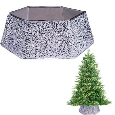Christmas Tree Collar Foldable Stand Cover Silver Sequin Skirt Tree Decor 26.8'' - Image 1 of 4