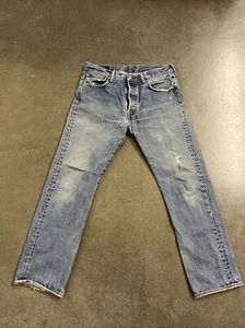 Levis 501 Button Fly Distressed Worn Faded 33 x 30 Classic Straight Blue Jeans - Picture 1 of 11