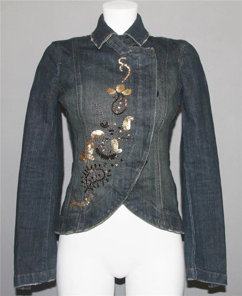 Chaqueta Denim De Colección Calvin Klein Lentejuelas Laterales Completas Cuentas Cachemira Envejecida Wm PS Foto 1 de 1