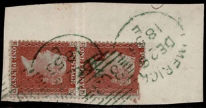 GB QV SG29, 1d red-brown LC14. Cat £1100+ GREEN IRELAND POSTMARK PAIR on PIECE - Picture 1 of 1