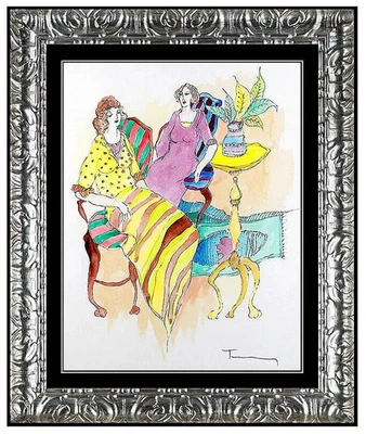 Itzchak Tarkay Original Acuarela Pintura Firmada a Mano Auténtico Café Mujeres Arte Foto 1 de 4