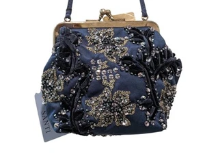 Santi Mini Seide Tasche Hand Perlen bestickt Pailletten Indien Neu mit Etikett Marine Gold Handtasche - Bild 1 von 11
