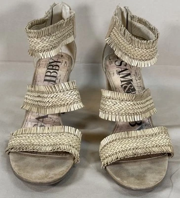 Sam & Libby Mujer 7.5 Tacones Altos Punta Abierta Tirantes Marrón Ratán Cremallera Trasera Foto 1 de 4