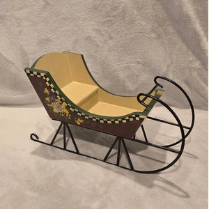 Russ Berrie Wood and Metal SLEIGH Basket 13x7x5" Hand Painted Flowers - Picture 1 of 9