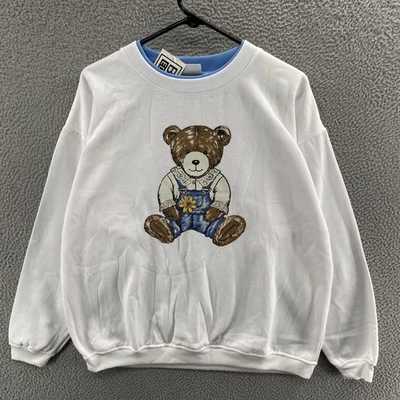 Vintage Teddy Bear Sweatshirt Womens XL White Blue Crewneck Basic Editions 90s - Image 1 of 4