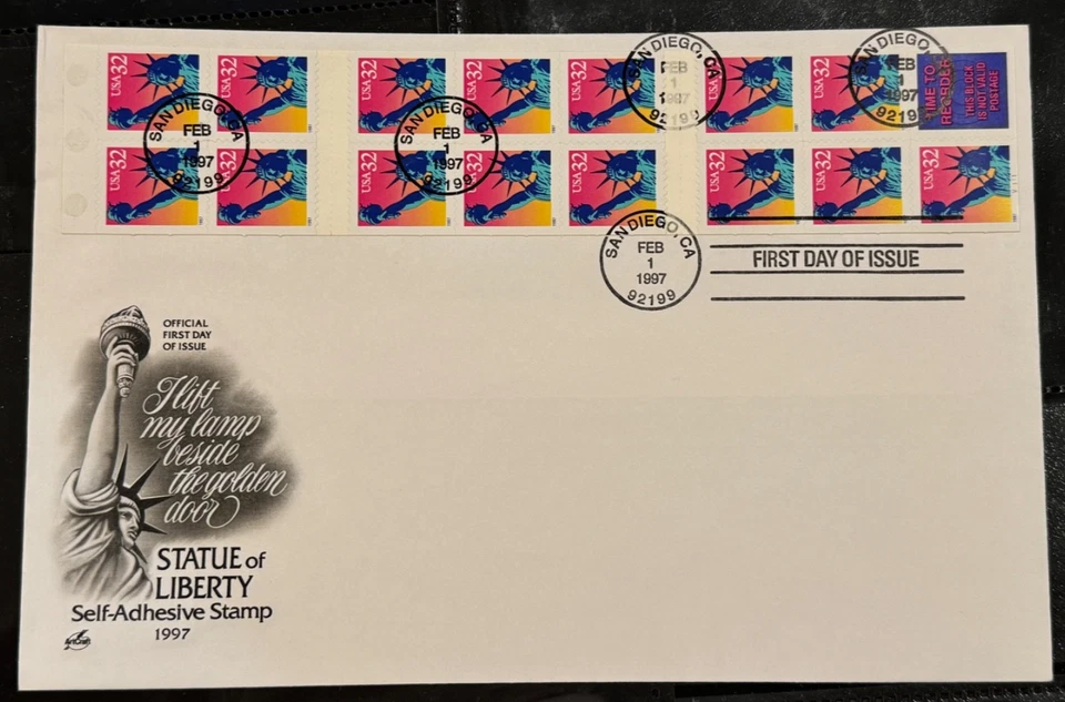 US,  FDC #3122 ARTCRAFT COMPLETE STATUE OF LIBERTY Booklet Pane of 15 - Image 1 of 1