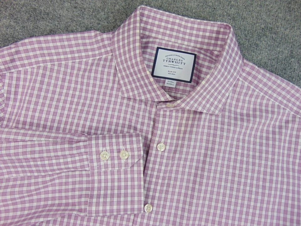 Camisa Charles Tyrwhitt Para Hombre 17x35 Calce Ajustado Púrpura Blanca Cuadros Sin Hierro Foto 1 de 4