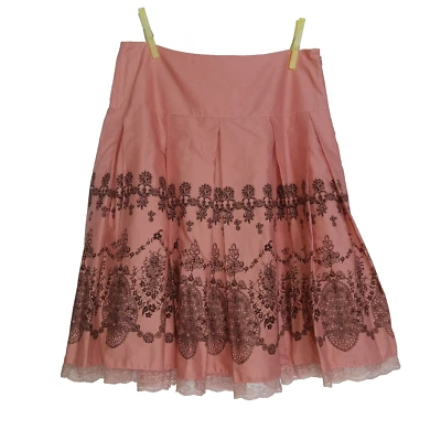 Ladies Pleated Ruffle Skirt Size 10 Midi Apricot Black Flowers Lace Apt 9 - Image 1 of 4