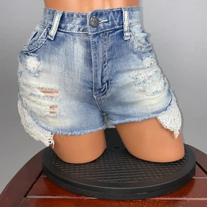 Vanilla Star Juniors 5 Bleach Light Wash Distressed Short Crochet Lace PocketsMY - Picture 1 of 16