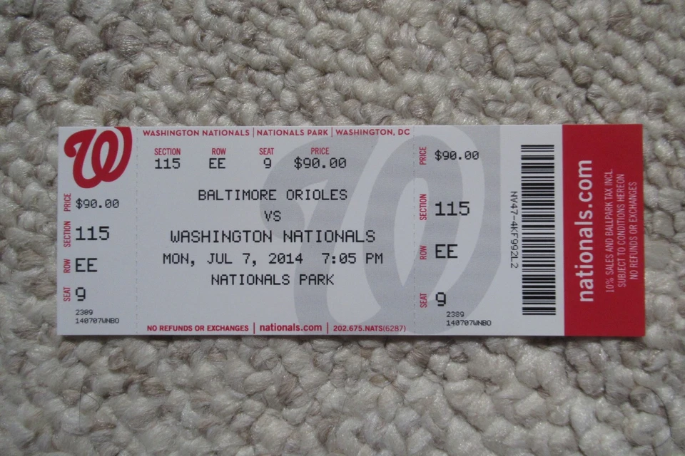 NATIONALS VS ORIOLES 7/7/2014 FULL TICKET ~ CRUZ HR #185/MACHADO HR #29 - Image 1 of 1