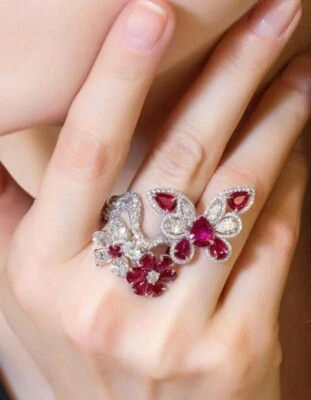 Gorgeous Two Flower With Butterfly Design Pink Ruby & Simulated Sapphire Ring - Image 1 of 4