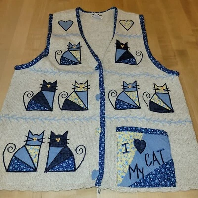 复古 Grannycore Winona Kitty 猫毛衣背心绗缝针织木制串珠毛衣 — 第 1/4 张图片